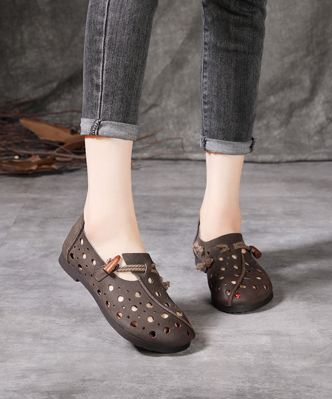 Classy Hollow Out Cowhide Leather Flat Shoes for Buckle Strap Flats