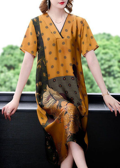 Yellow V Neck Print Silk Long Dress Summer