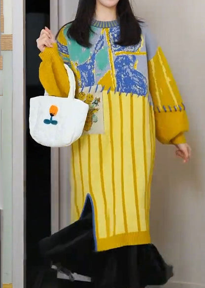 Yellow O-neck Striped Cotton Knit Maxi Dress Long Sleeve