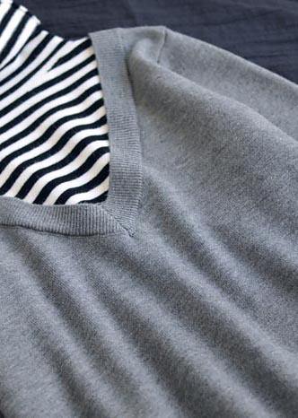 Pullover Light Gray Sweater Tops Patchwork High Neck Spring Knit Sweat Tops