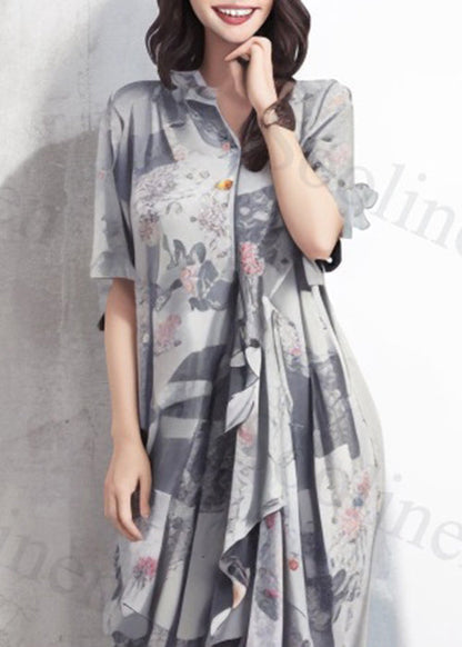 Italian Grey Asymmetrical Print Silk Shirts Dress Summer