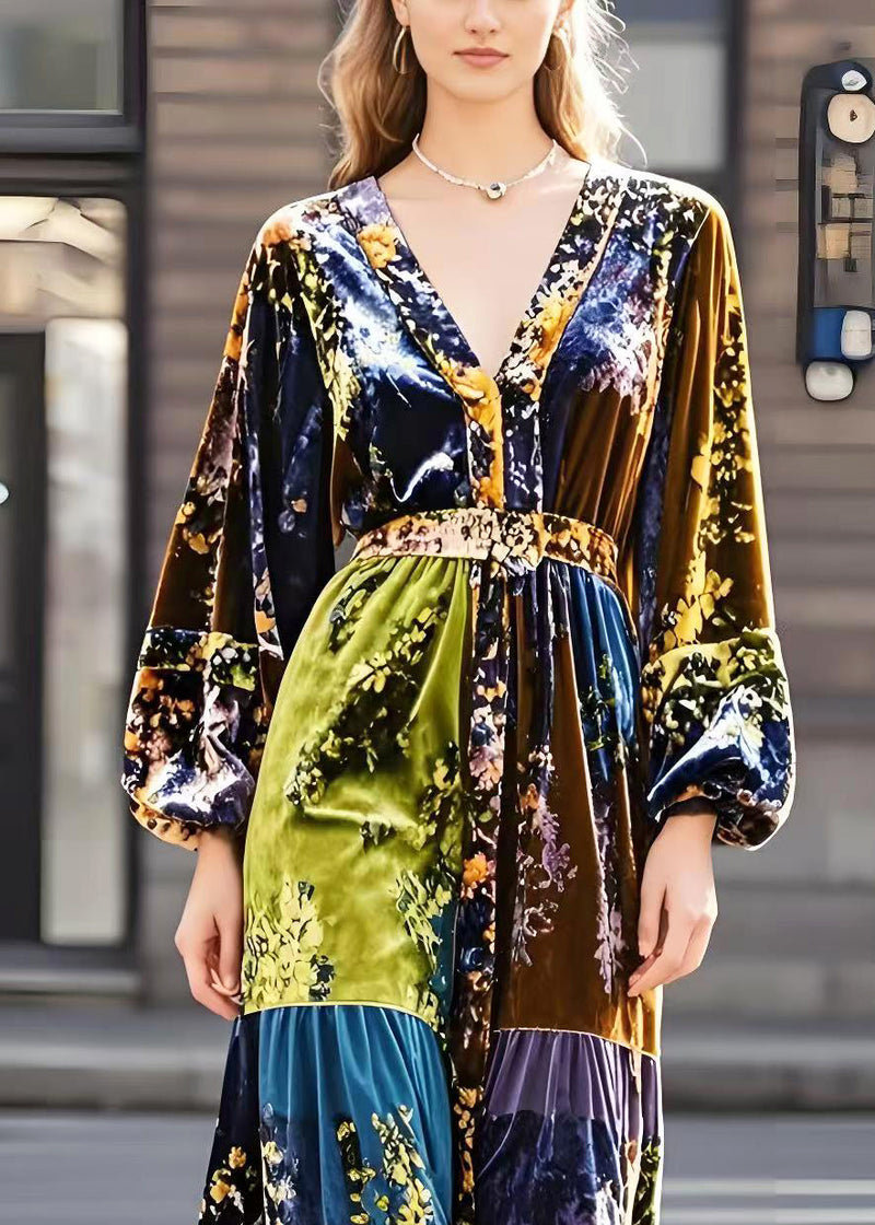 Modern Brown V Neck Print Silk Velour Dresses Spring