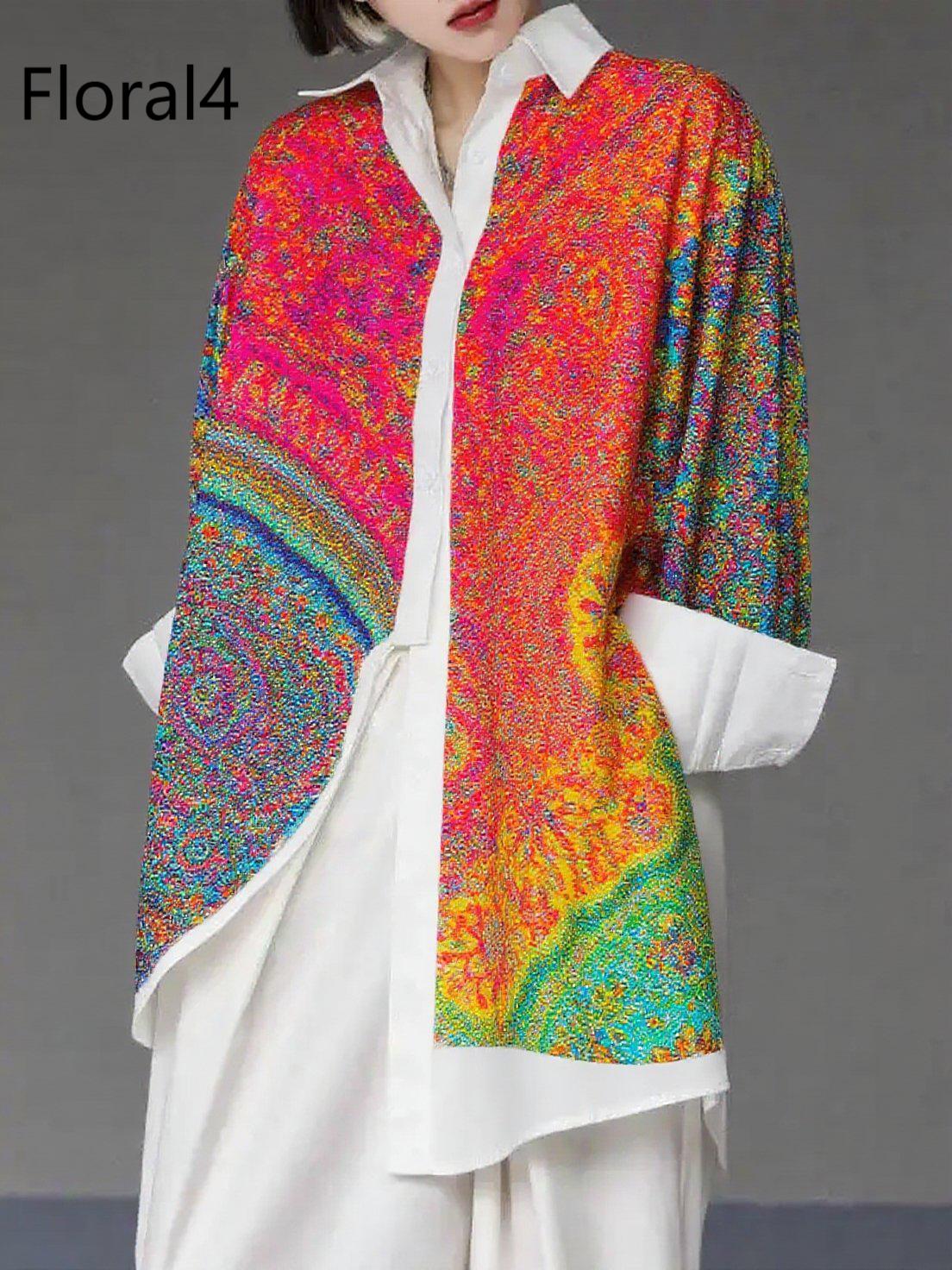 Unique Floral4 Asymmetrical Design Side Open Cotton Long Shirts Spring