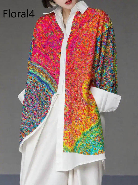Unique Floral4 Asymmetrical Design Side Open Cotton Long Shirts Spring