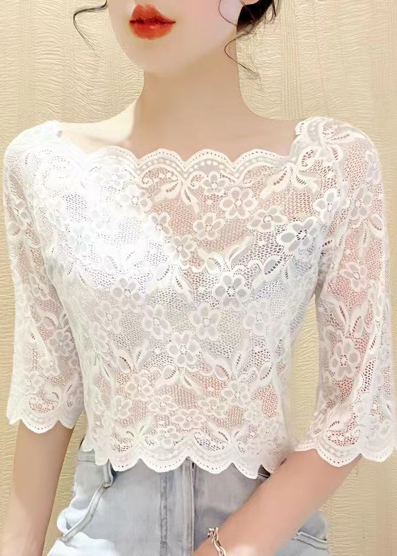 White Embroideried Lace Short Tank Half Sleeve