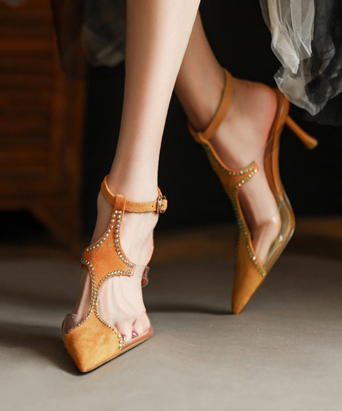Yellow Stiletto Suede Classy Splicing Zircon Buckle Strap