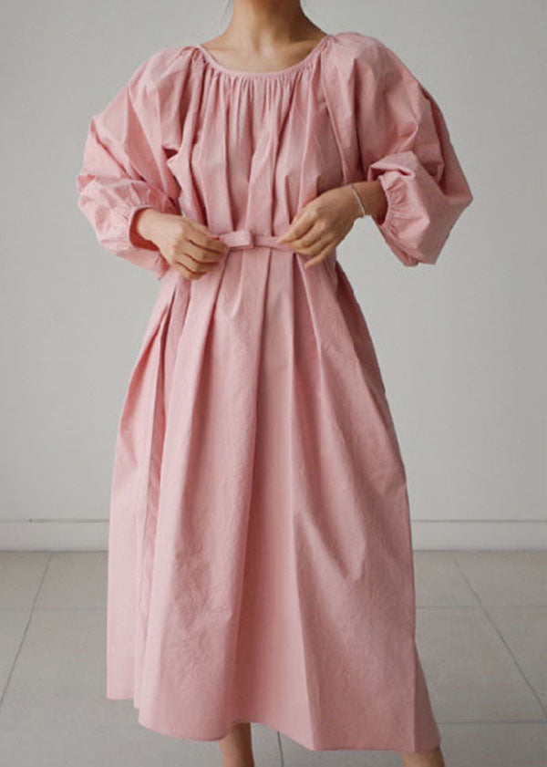 Pink O-neck Wrinkled Cotton Holiday Dress Spring