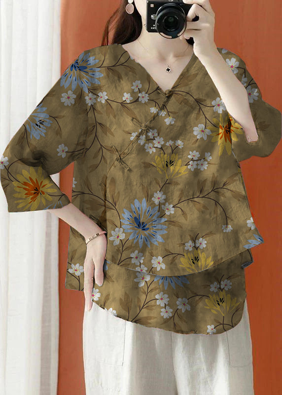 Brown Asymmetrical Print Linen Blouses Half Sleeve