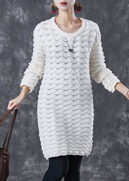 White O-neck Thick Knit Sweater Dress Winter
