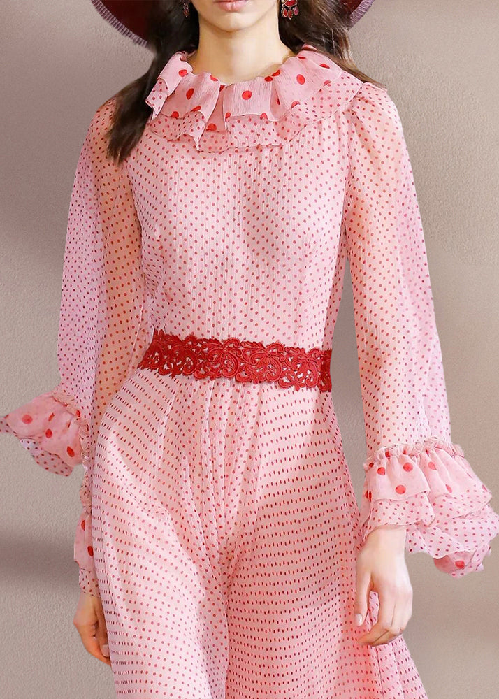 Pink Ruffled Dot Patchwork Chiffon Dresses Spring