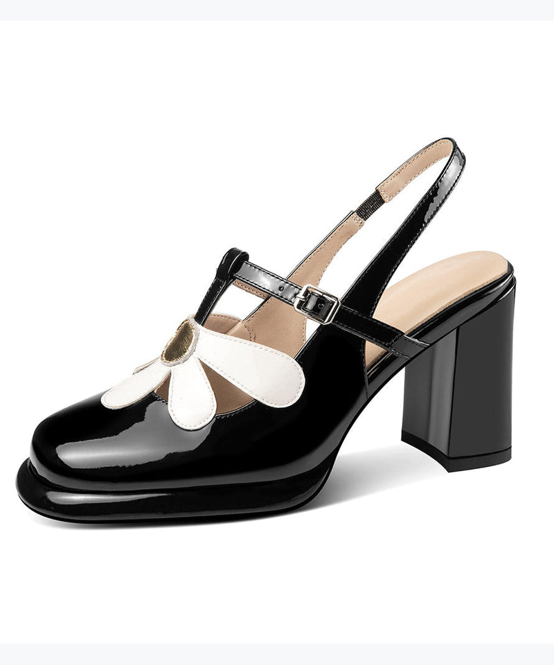 Black Sandals Chunky Cowhide Leather Hollow Out