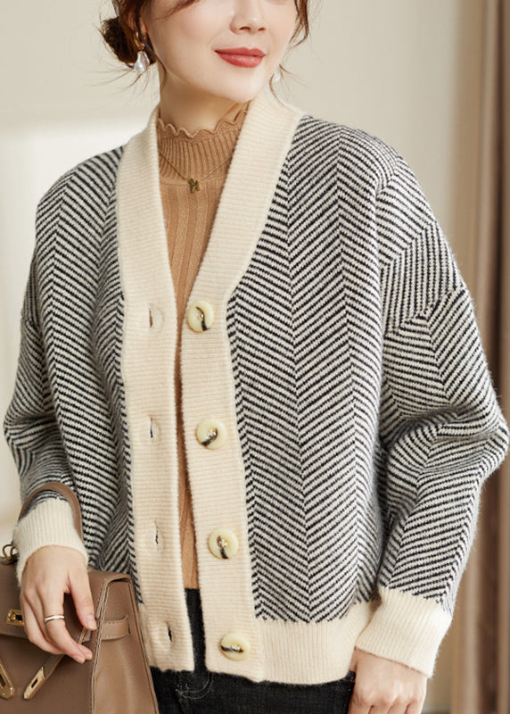 Striped V Neck Button Patchwork Knit Coats Fall