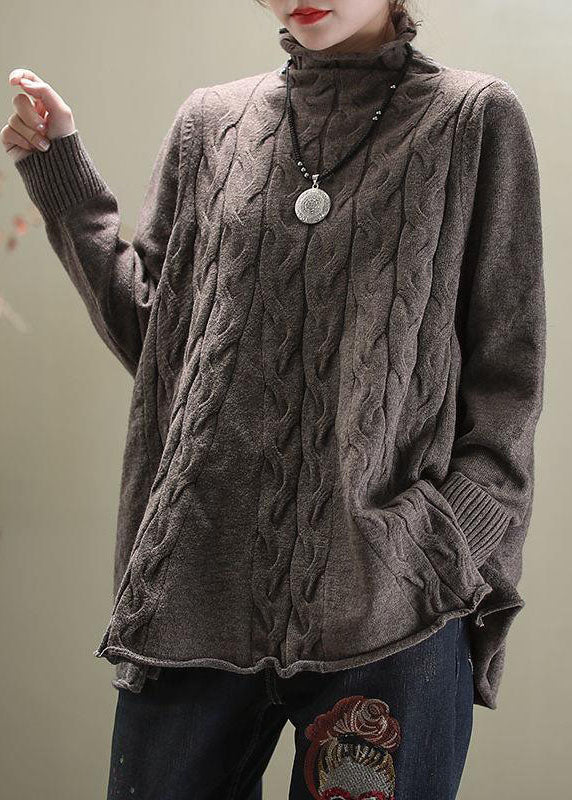 Khaki Turtleneck Side Open Fall Knit Sweater