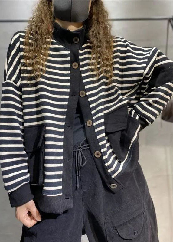 Black Button Stand Collar Pockets Coats Long Sleeve Fall