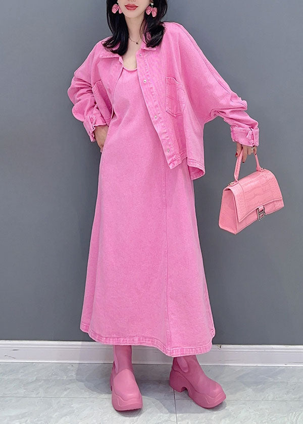 Pink Coats and Dress Denim Two Pieces Set Spring