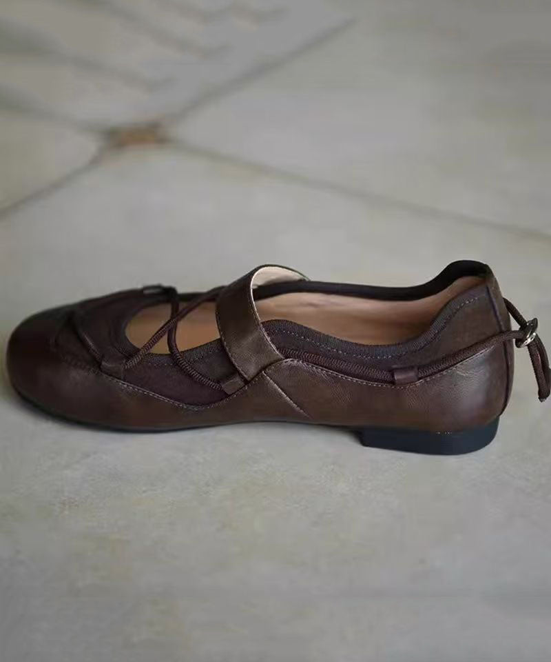 Brown Faux Leather Cross Strap Splicing Flat Shoes for