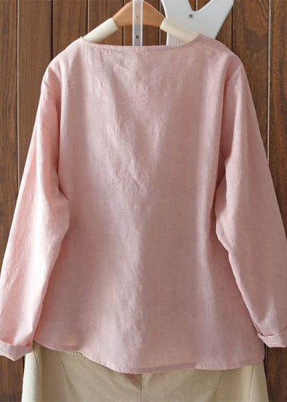 Purple Embroidered Lace Up Cotton Blouses Long Sleeve