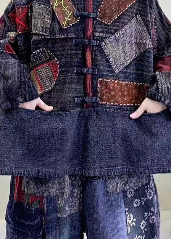 Blue Patch Pockets Oriental Button Cotton Jackets Spring