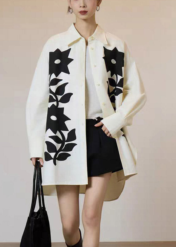 French Beige Peter Pan Collar Print Low High Design Shirt Lantern Sleeve