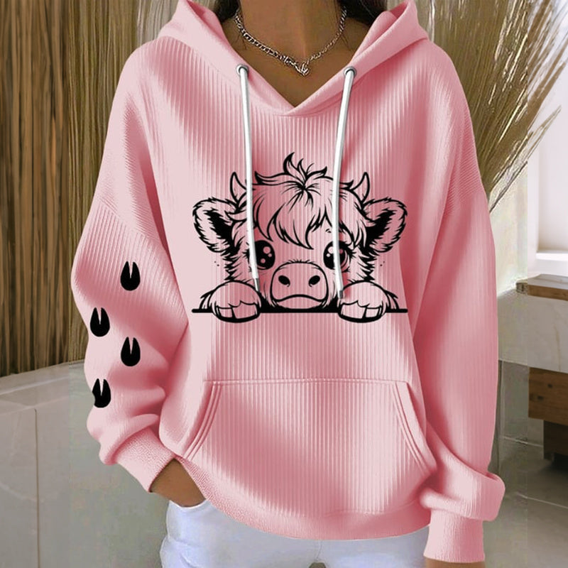 Women's Cute Highland Cow Print Long Sleeve Casual Hoodie artswardrobe