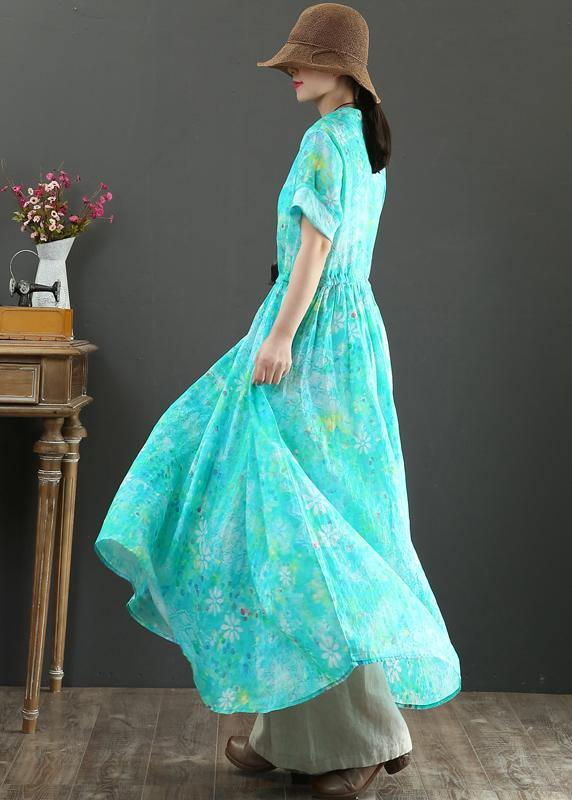 French Blue Print Tunic Pattern V Neck Drawstring Loose Summer Dress