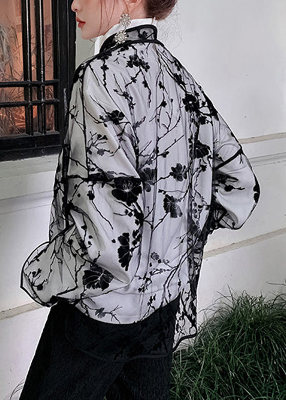 Black Stand Collar Embroideried Button Tulle Shirts Long Sleeve