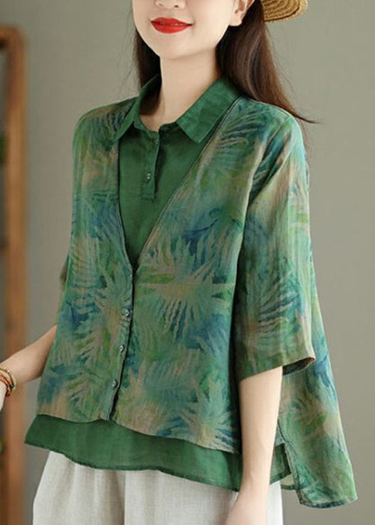 Green Print False Two Pieces Linen Shirt Half Sleeve