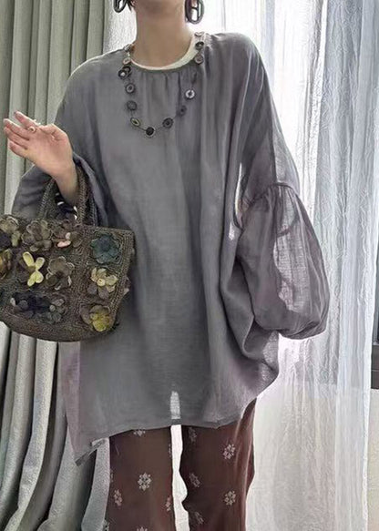 Loose Beige O-neck Top Lantern Sleeve