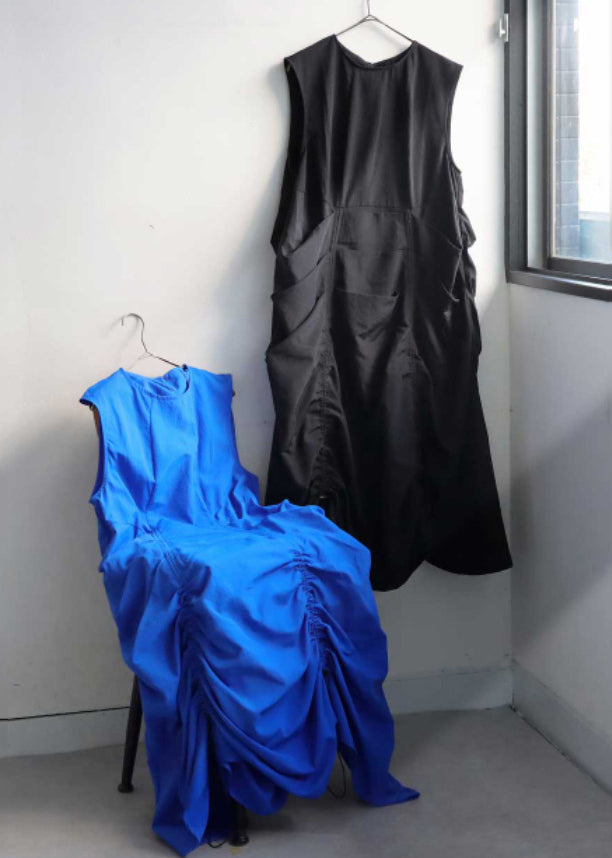 Black Cotton Robe Dresses Drawstring Wrinkled Sleeveless Fall