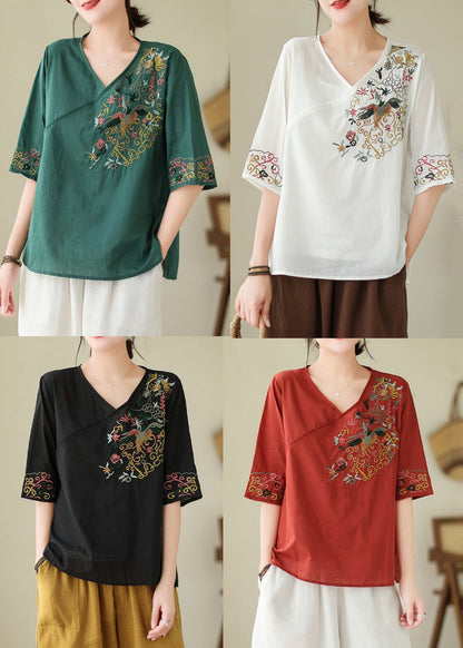 New White V Neck Embroidered Cotton Shirt Summer