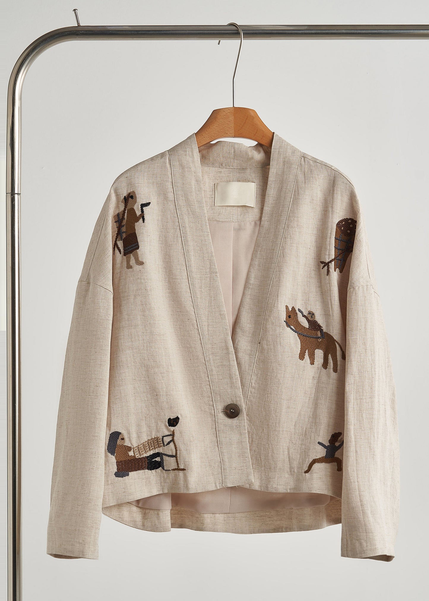 Beige Embroidered Oversized Linen Coat Fall