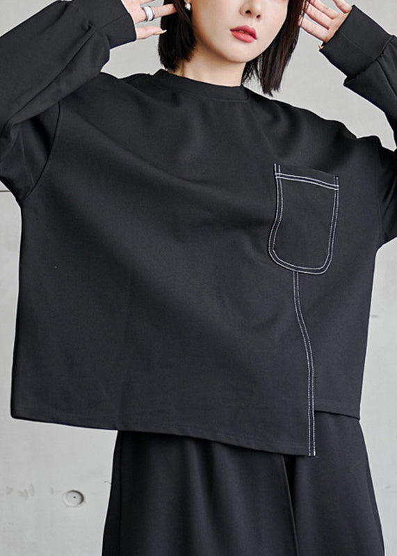 Black O-neck Asymmetrical Pockets Patchwork Top Long Sleeve