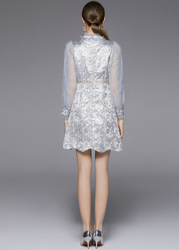 Light Blue Bow Jacquard Patchwork Tulle Party Dress Fall