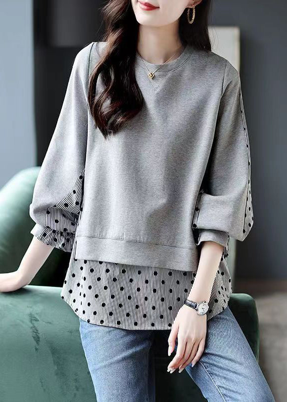 Grey O Neck False Two Pieces Patchwork Cotton Top Fall