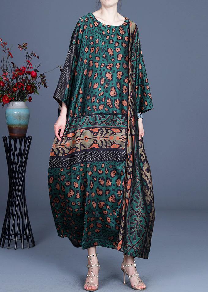 Loose Green Leopard Long Sleeve Chiffon Holiday Dress Summer Spring