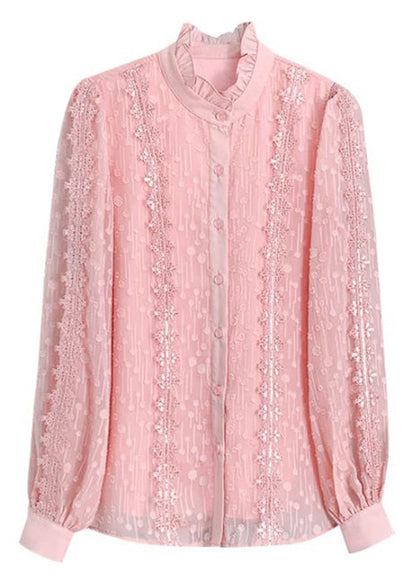 Pink Ruffled Button Lace Shirt Long Sleeve