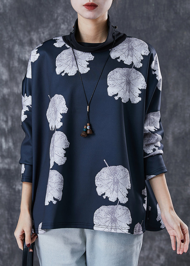 Black Turtle Neck Lotus Leaf Print Spandex Top Spring