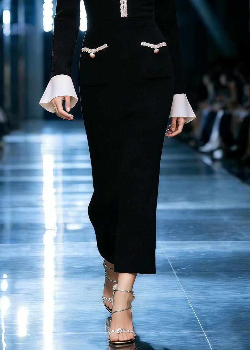Stylish Black V Neck Pockets Patchwork Cotton Long Dresses Flare Sleeve