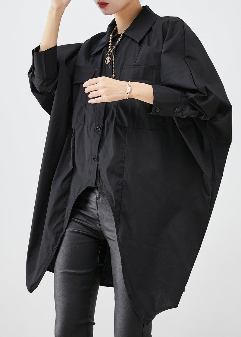 Black Oversized Low High Design Cotton Shirts Fall