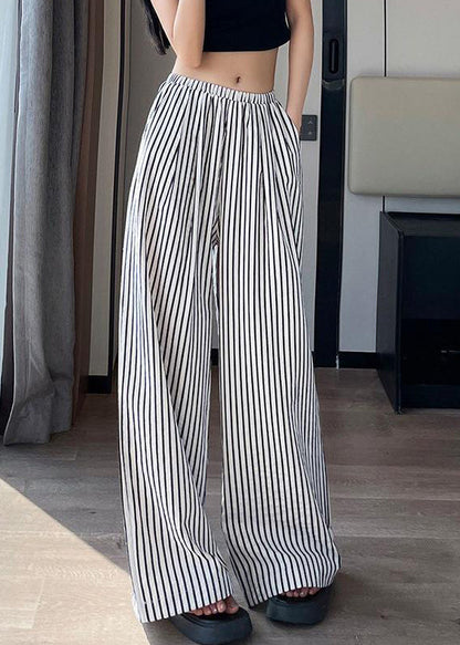 New White Striped Pockets High Waist Cotton Pants Summer