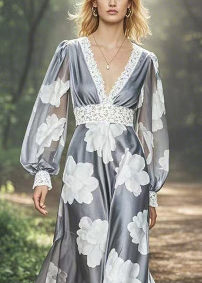 Grey V Neck Print Patchwork Silk Long Dresses Spring