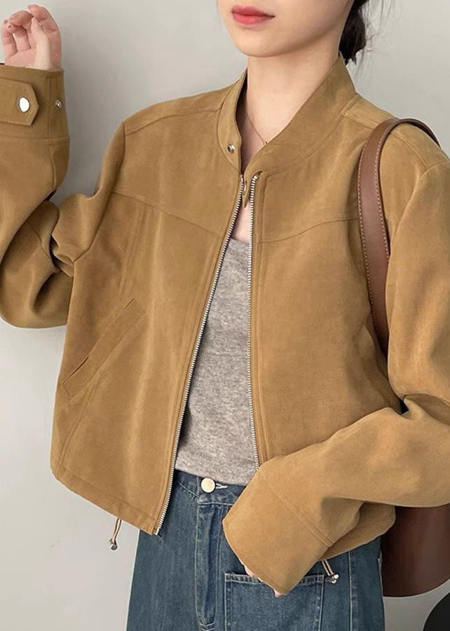 Classy Brown O-neck Zippered Button Coats Spring
