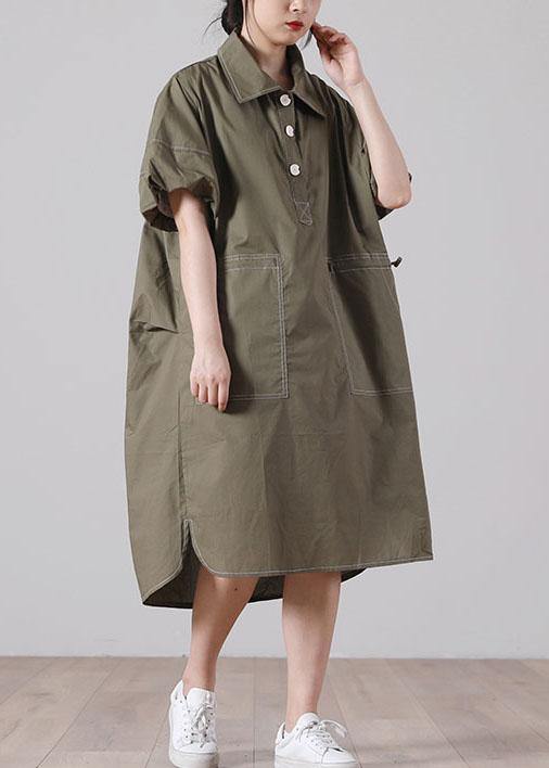 Army Green Peter Pan Collar Button Maxi Summer Cotton Dress