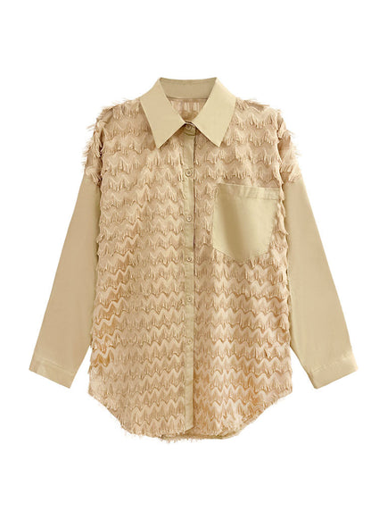 Khaki Peter Pan Collar Patchwork Tassel Cotton Blouses Spring
