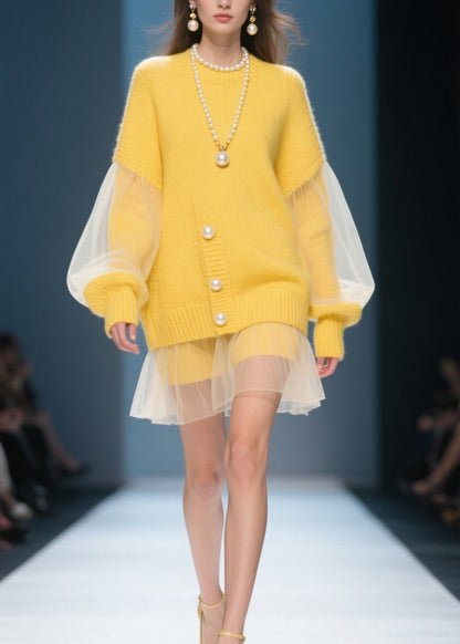 Yellow O Neck Tulle Patchwork Knit Dress Fall