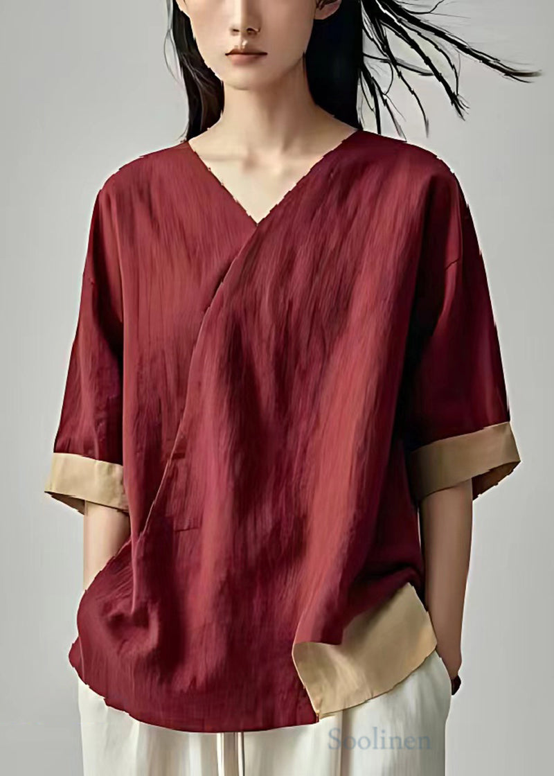 Dull Red Oversized Patchwork Linen Blouse Tops Summer