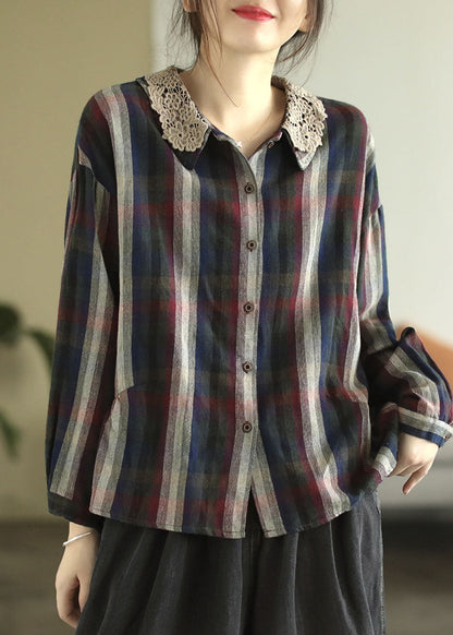 Colorblock Plaid Lace Patchwork Cotton Shirts Spring