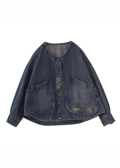 Classy Dark Blue O-neck Pockets Patchwork Denim Coats Long Sleeve