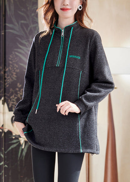 Dark Gray Zip Up Drawstring Patchwork Cotton Sweatshirts Spring