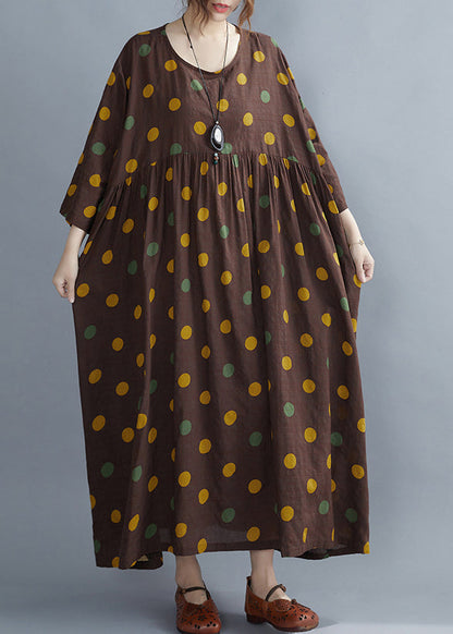 Coffee O-neck Dot Print Party Long Dress Spring